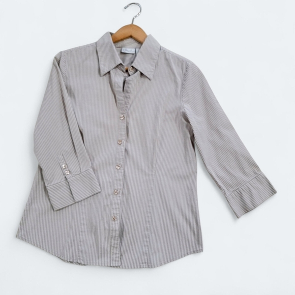 Kim Rogers Striped Button-Up Shirt Size Medium Tan 3/4 Sleeves - Picture 1 of 14